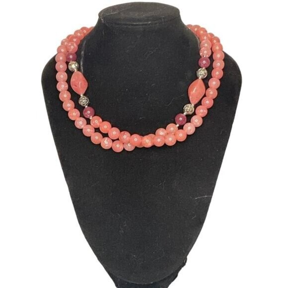 Vintage Pink Beaded Necklace With Silver Accents - Picture 1 of 4